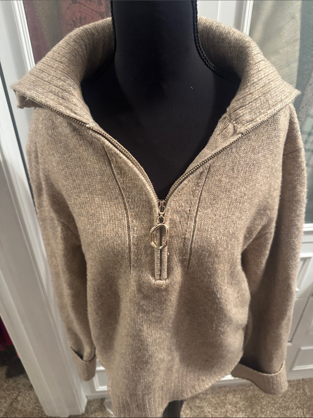 Nicole Miller Taupe Half-Zip Cowl Turtleneck Sweater